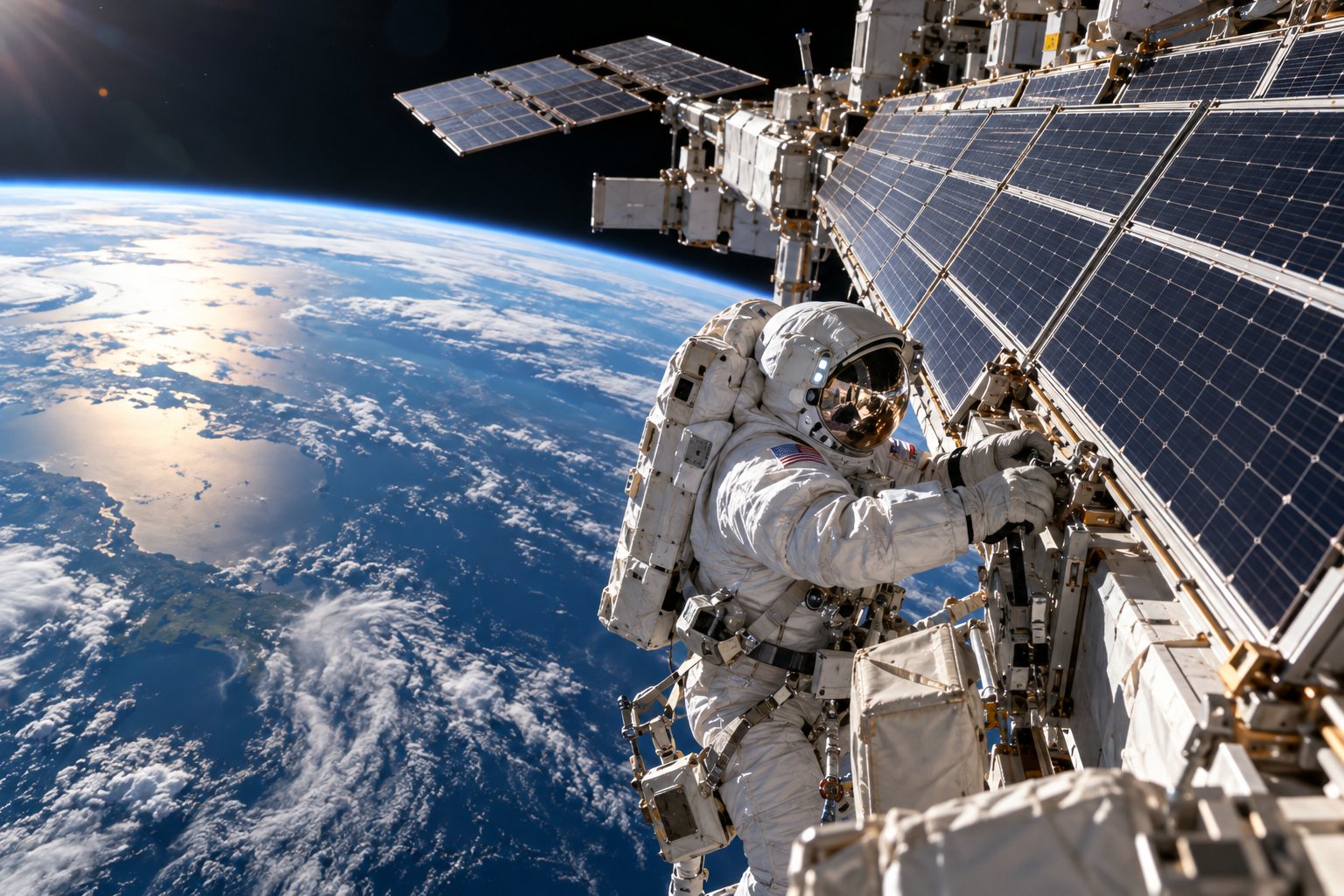 Spacecraft solar panels above Earth