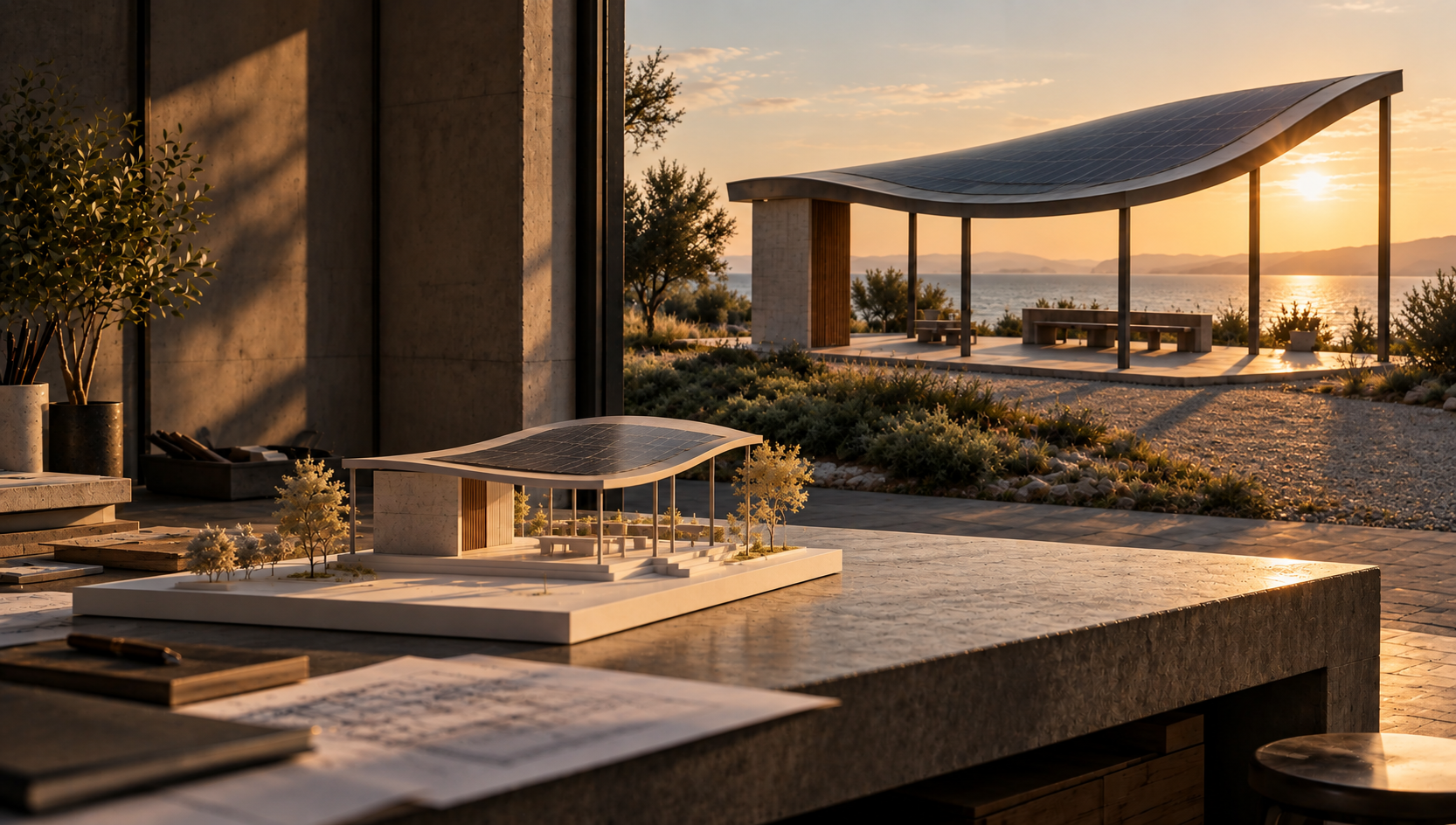 White scale model of a pavilion with a curved solar canopy in front of the finished pavilion at sunset