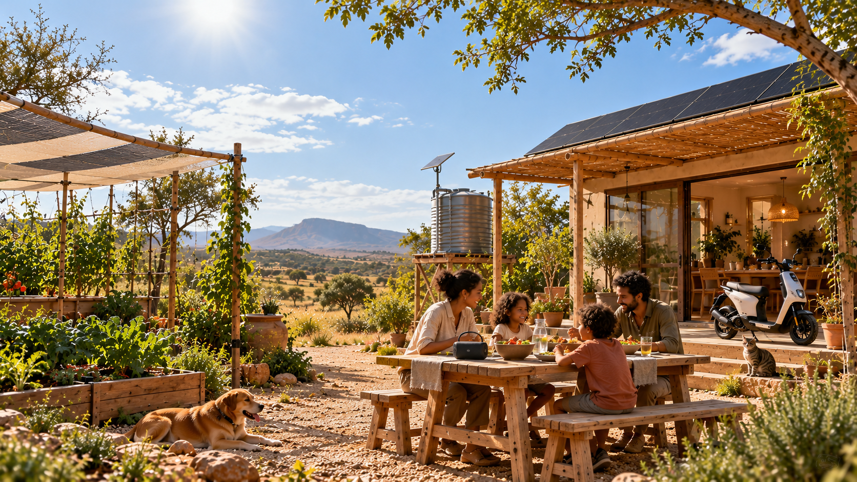 People in warm sunlight alongside solar installations