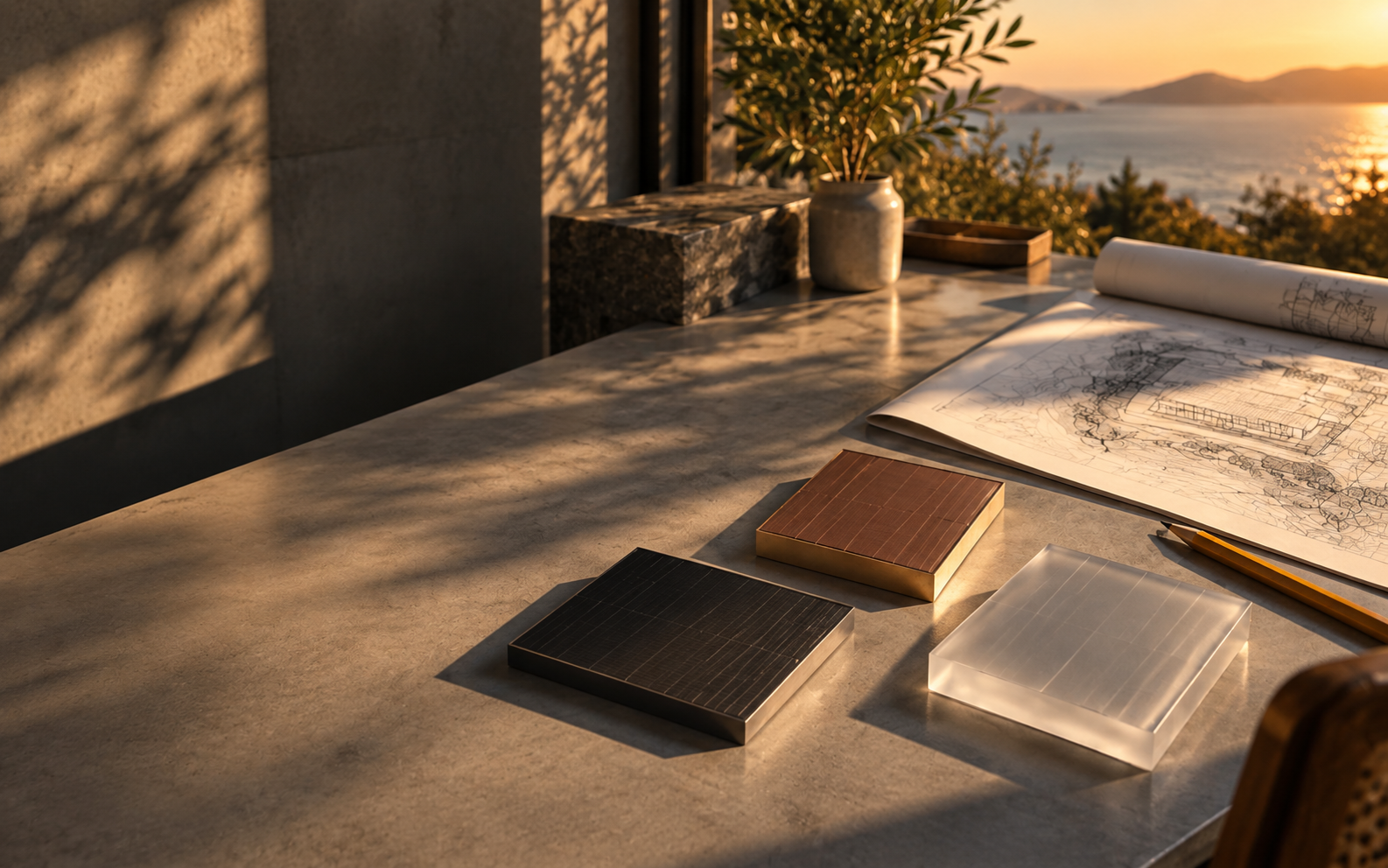 Three solar sample tiles in different finishes beside a site plan in low sunlight