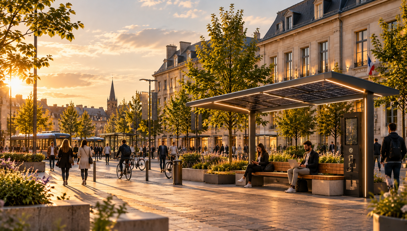 Town square with a school, a solar bus shelter and a solar shade structure