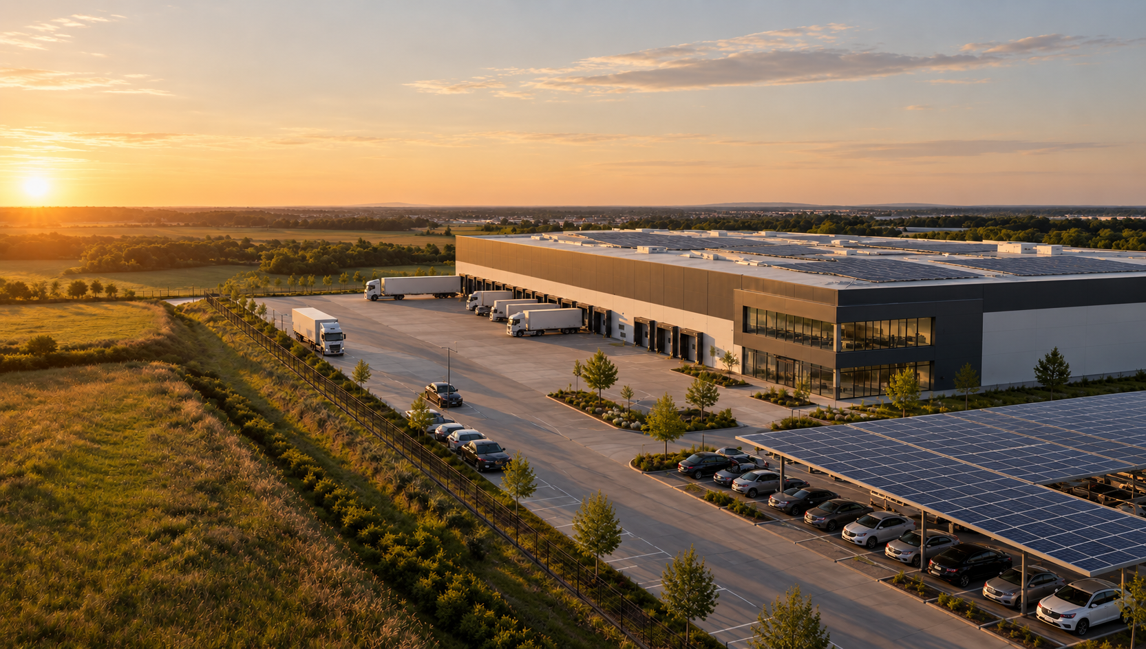 Logistics building with partial rooftop solar and a solar carport in low sunlight
