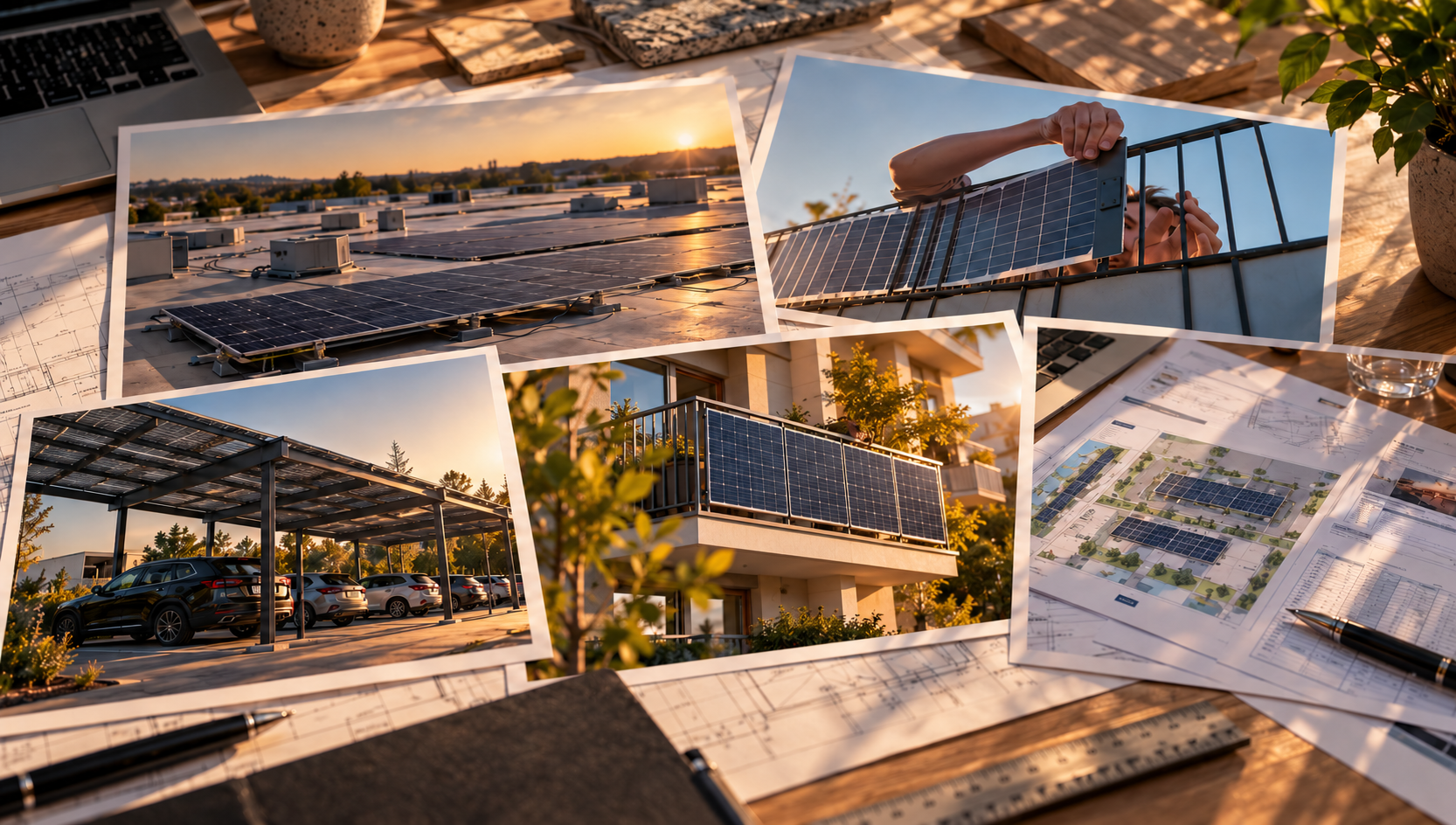 Flat commercial roof with lightweight solar modules at sunset (illustrative image, not a delivered project)