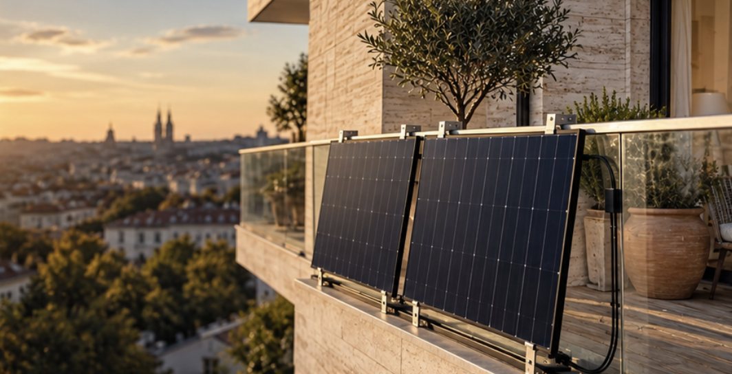 Solar modules mounted vertically on a balcony railing