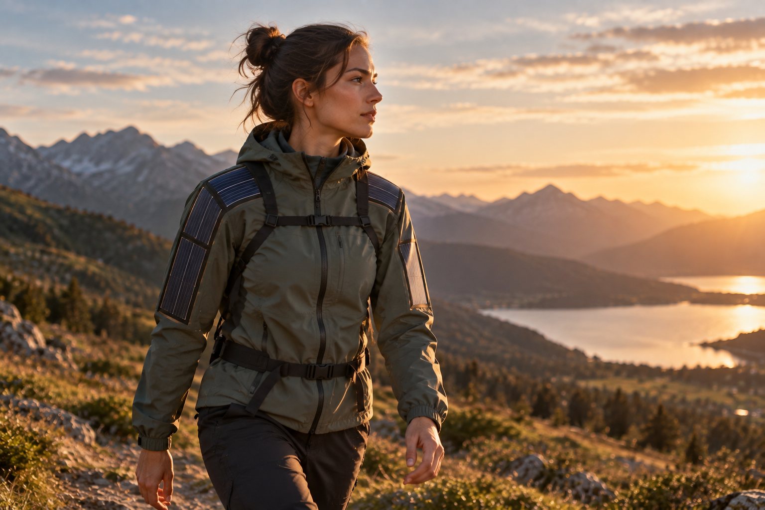 Hiker wearing solar-integrated clothing