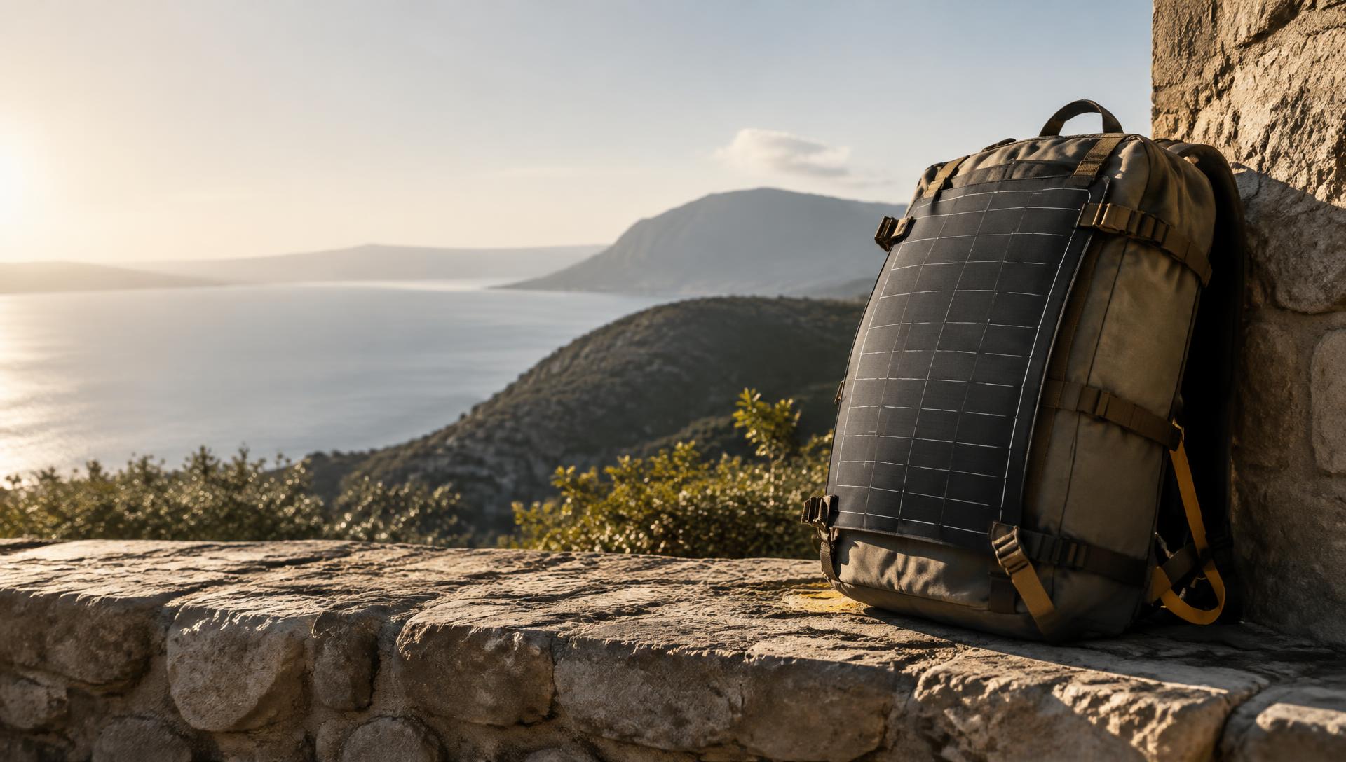 Flexible solar panel strapped to a backpack on a sunlit terrace wall