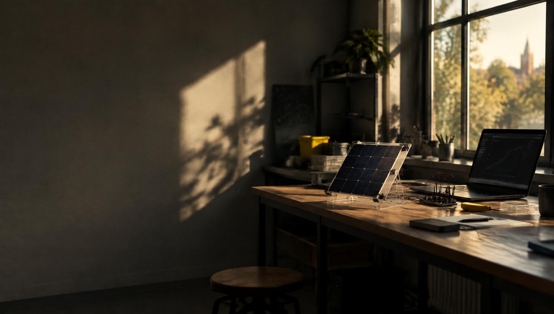 Solar cell prototype on a lab workbench in warm afternoon light